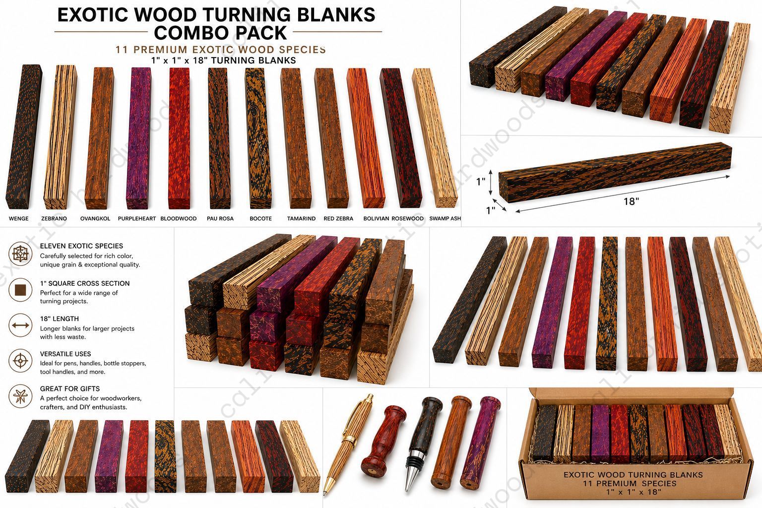 Exotic Wood Turning Blanks Combo Pack (1" x 1" x 18")