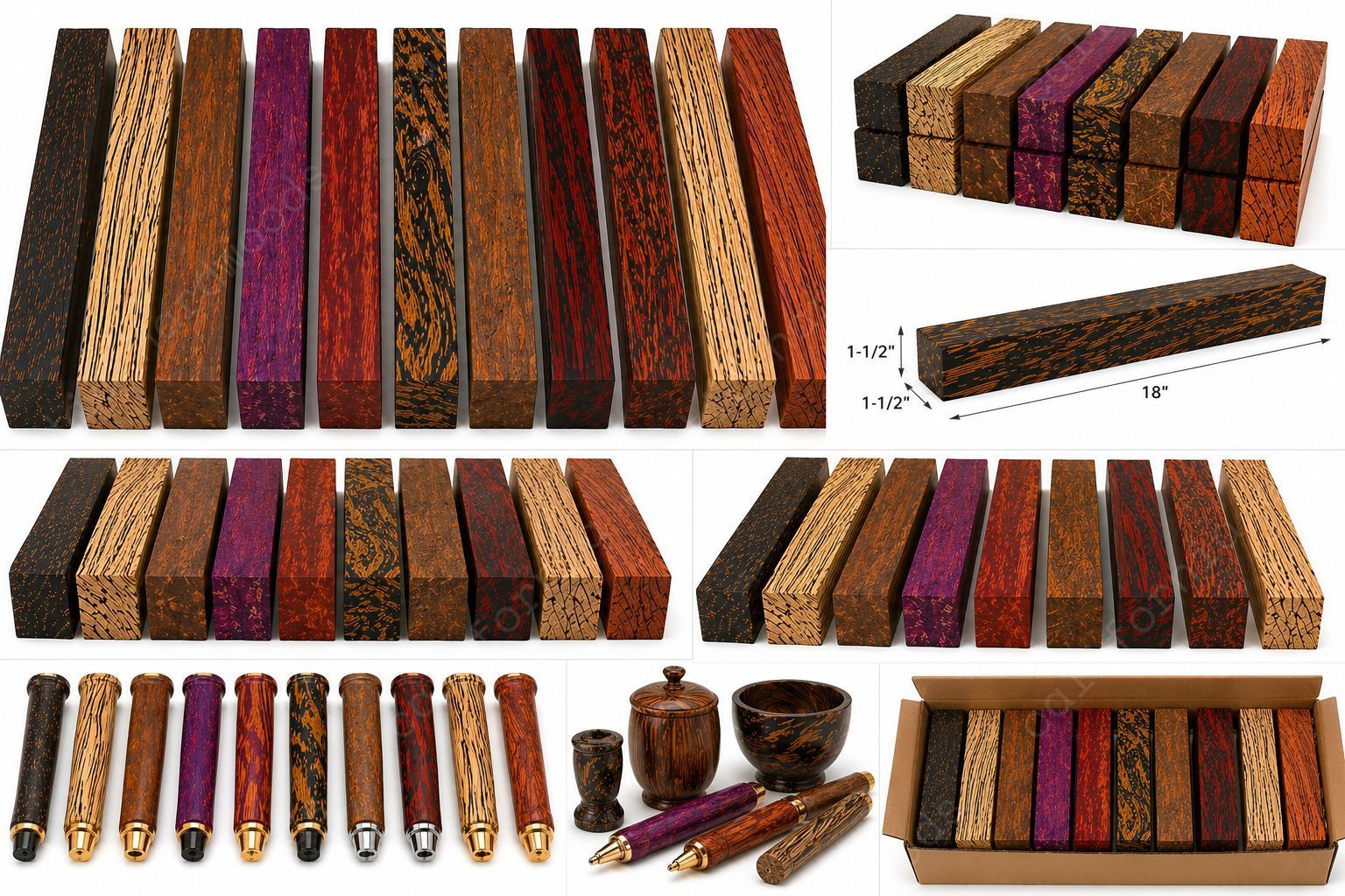 Exotic Wood Turning Blanks Combo Pack – 1.5" x 1.5" x 18" (10 Species)