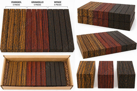 Exotic Wood Turning Blanks Combo Pack – 2" x 2" x 18" (15 Pieces | 3 Species)