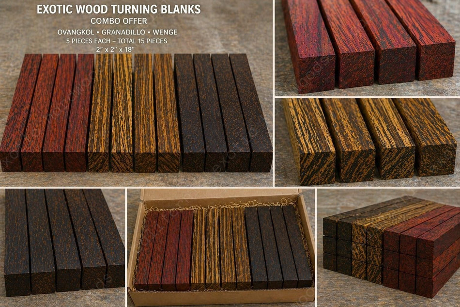 Exotic Wood Turning Blanks Combo Pack – 2" x 2" x 18" (15 Pieces | 3 Species)