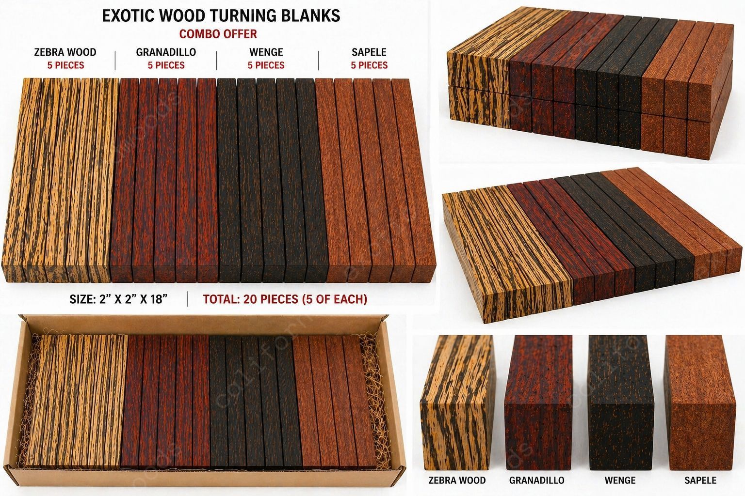 Exotic Wood Turning Blanks Combo Pack – 2" x 2" x 18" (20 Pieces | 4 Species)