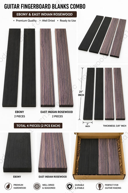 Guitar Fingerboard Blanks Combo – Ebony & East Indian Rosewood (4 Pieces | 21" x 3" x 3/8")
