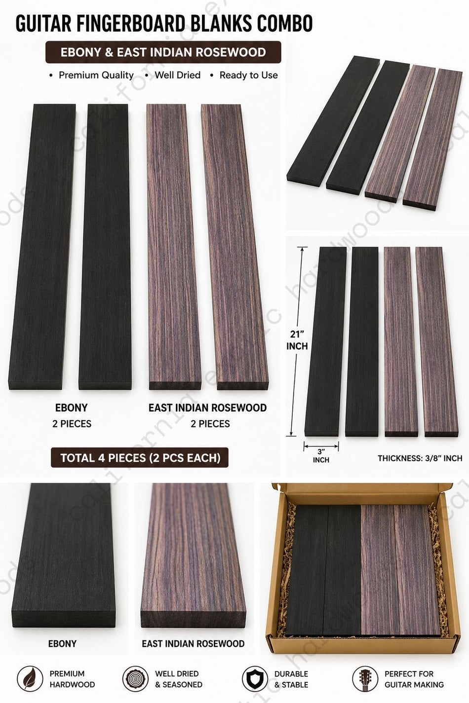 Guitar Fingerboard Blanks Combo – Ebony & East Indian Rosewood (4 Pieces | 21" x 3" x 3/8")