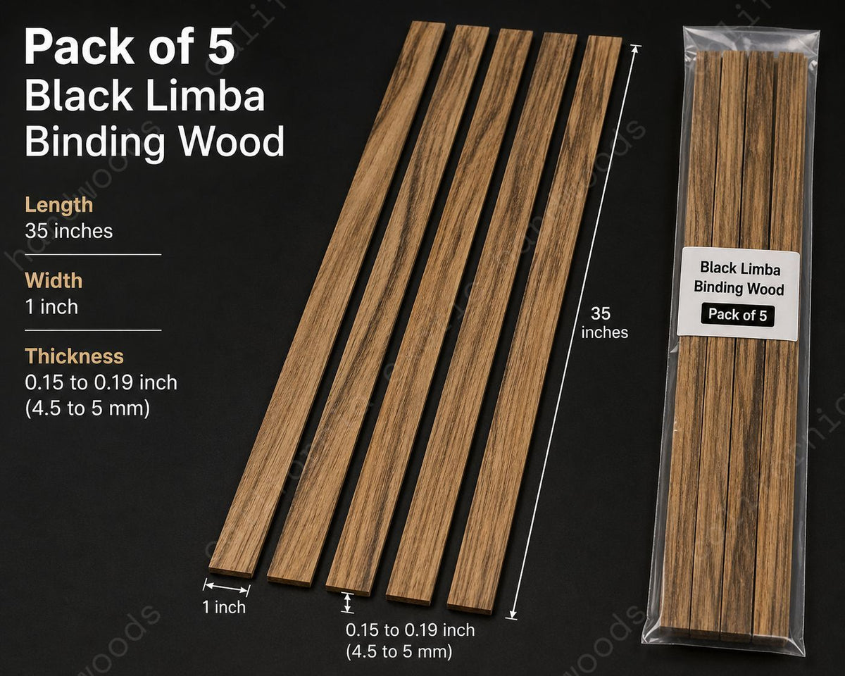 Black Limba Binding Wood Strips, Pack of 5, for Guitar Binding and Fine Woodworking