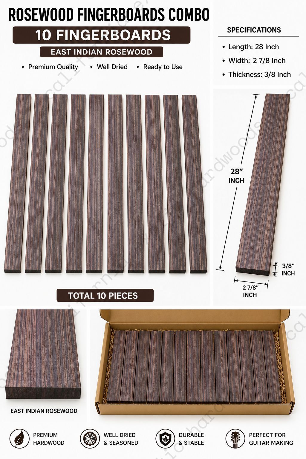 East Indian Rosewood Fingerboard Blank – 5 String Bass (28" x 2.95" x 3/8")