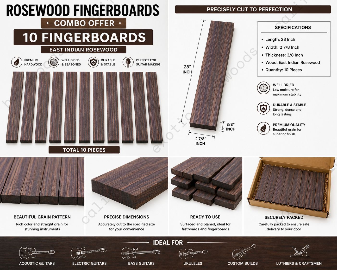 East Indian Rosewood Fingerboard Blank – 5 String Bass (28" x 2.95" x 3/8")