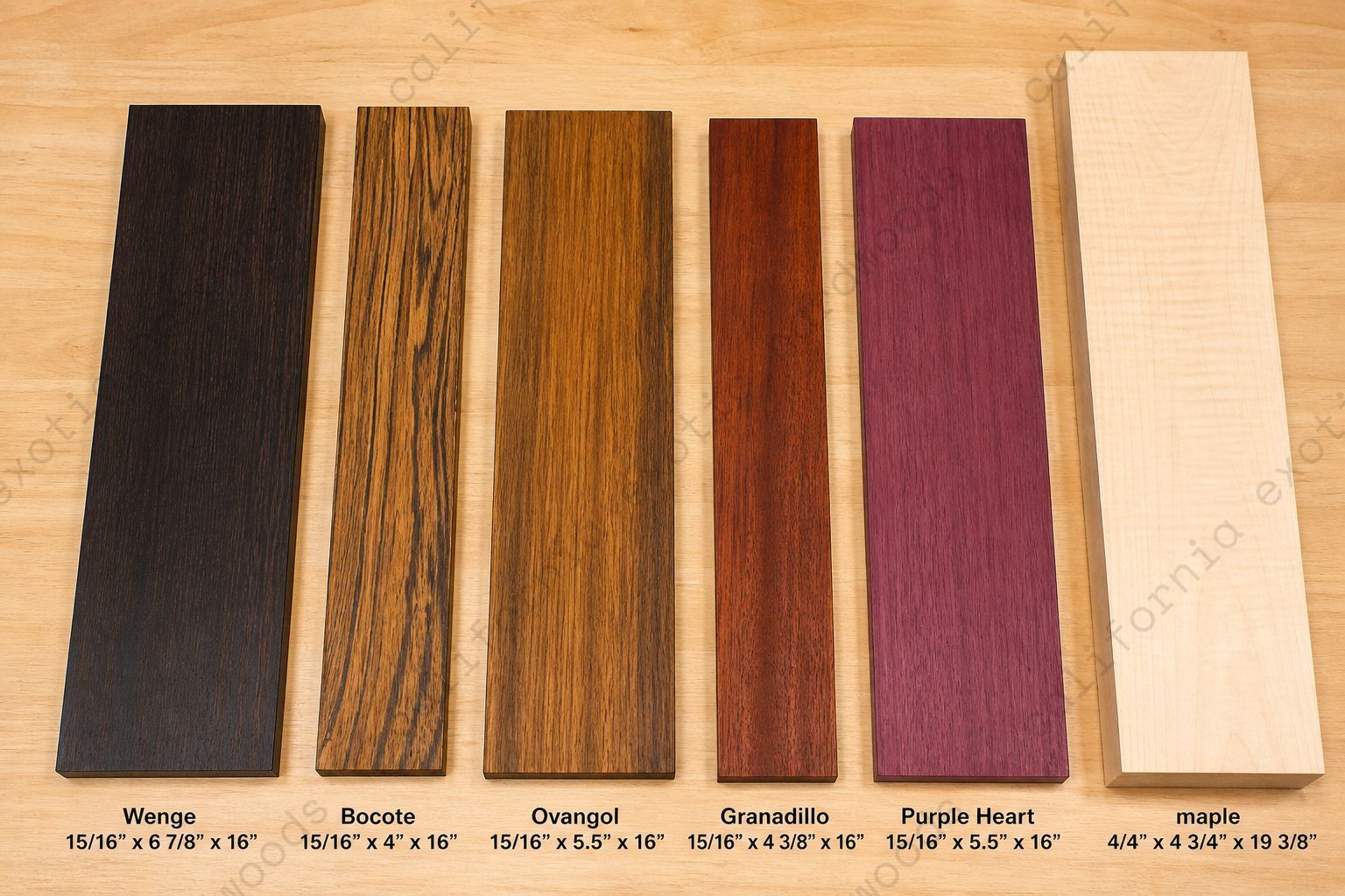 Exotic Lumber Bundle – 6 Pc Set (Wenge, Bocote, Ovangkol, Granadillo, Maple, Purpleheart)