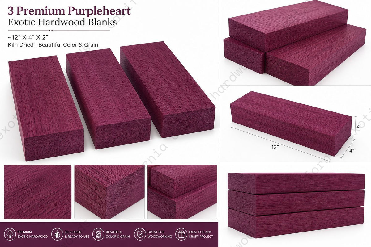 Purpleheart Lumber Blanks – 3 Pc Set (12" x 4" x 2") Kiln Dried S4S Exotic Hardwood