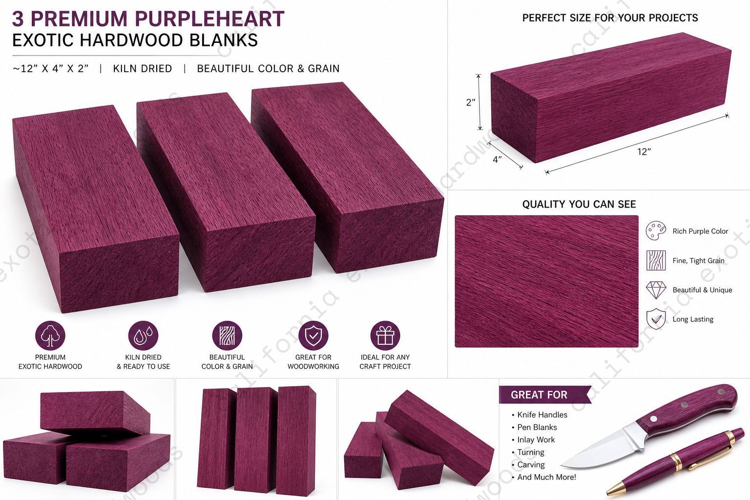 Purpleheart Lumber Blanks – 3 Pc Set (12" x 4" x 2") Kiln Dried S4S Exotic Hardwood