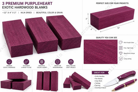 Purpleheart Lumber Blanks – 3 Pc Set (12" x 4" x 2") Kiln Dried S4S Exotic Hardwood