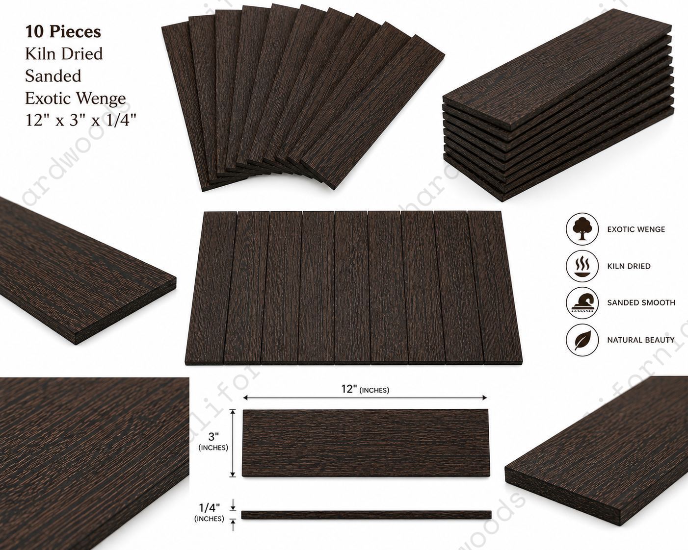 Wenge Thin Lumber Boards – 10 Pc Set (12" x 3" x 1/4") Kiln Dried & Sanded Exotic Hardwood
