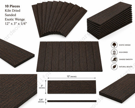 Wenge Thin Lumber Boards – 10 Pc Set (12" x 3" x 1/4") Kiln Dried & Sanded Exotic Hardwood