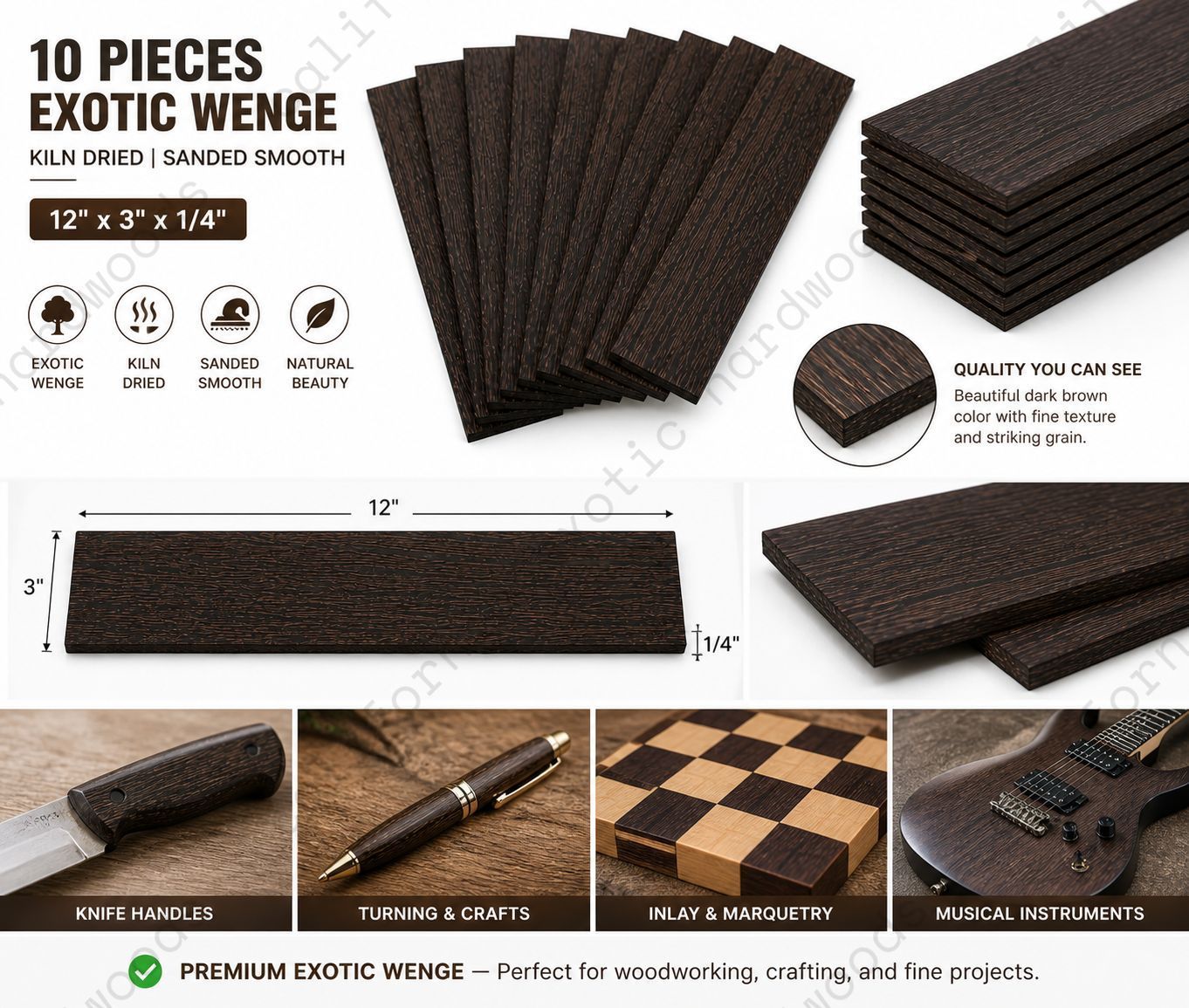 Wenge Thin Lumber Boards – 10 Pc Set (12" x 3" x 1/4") Kiln Dried & Sanded Exotic Hardwood