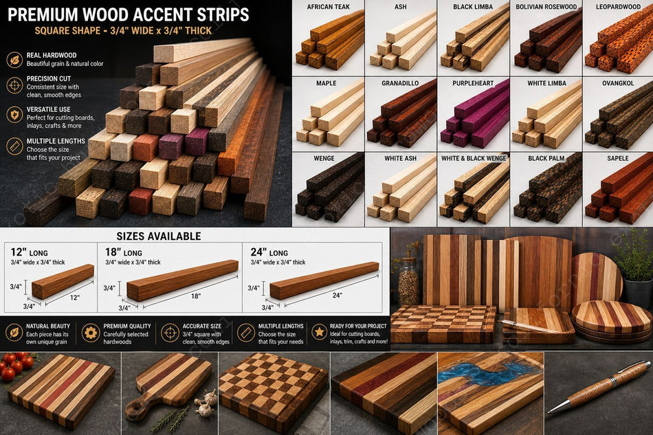 Wooden Accent Strips for Cutting Boards – Exotic & Domestic Hardwood Collection
