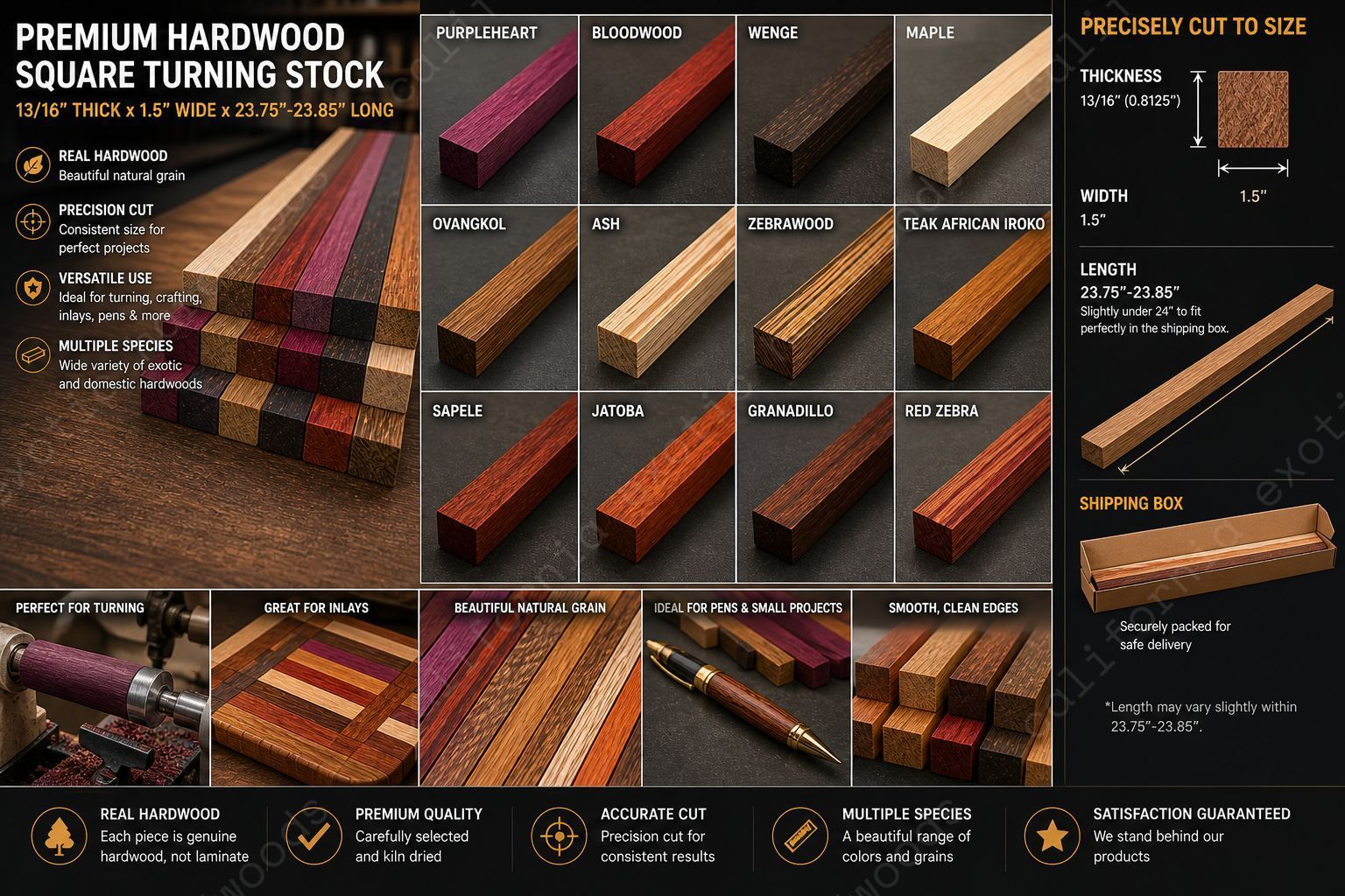 Exotic Hardwood Lumber Strips – Cutting Board Wood Pre-Cuts (13/16" x 1.5" x 23.85")