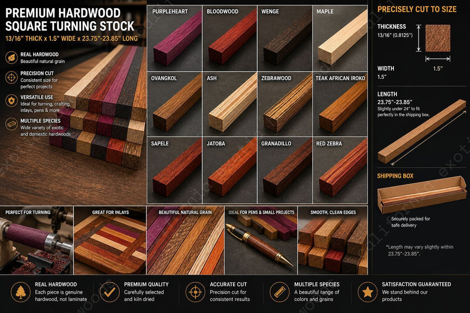 Exotic Hardwood Lumber Strips – Cutting Board Wood Pre-Cuts (13/16" x 1.5" x 23.85")