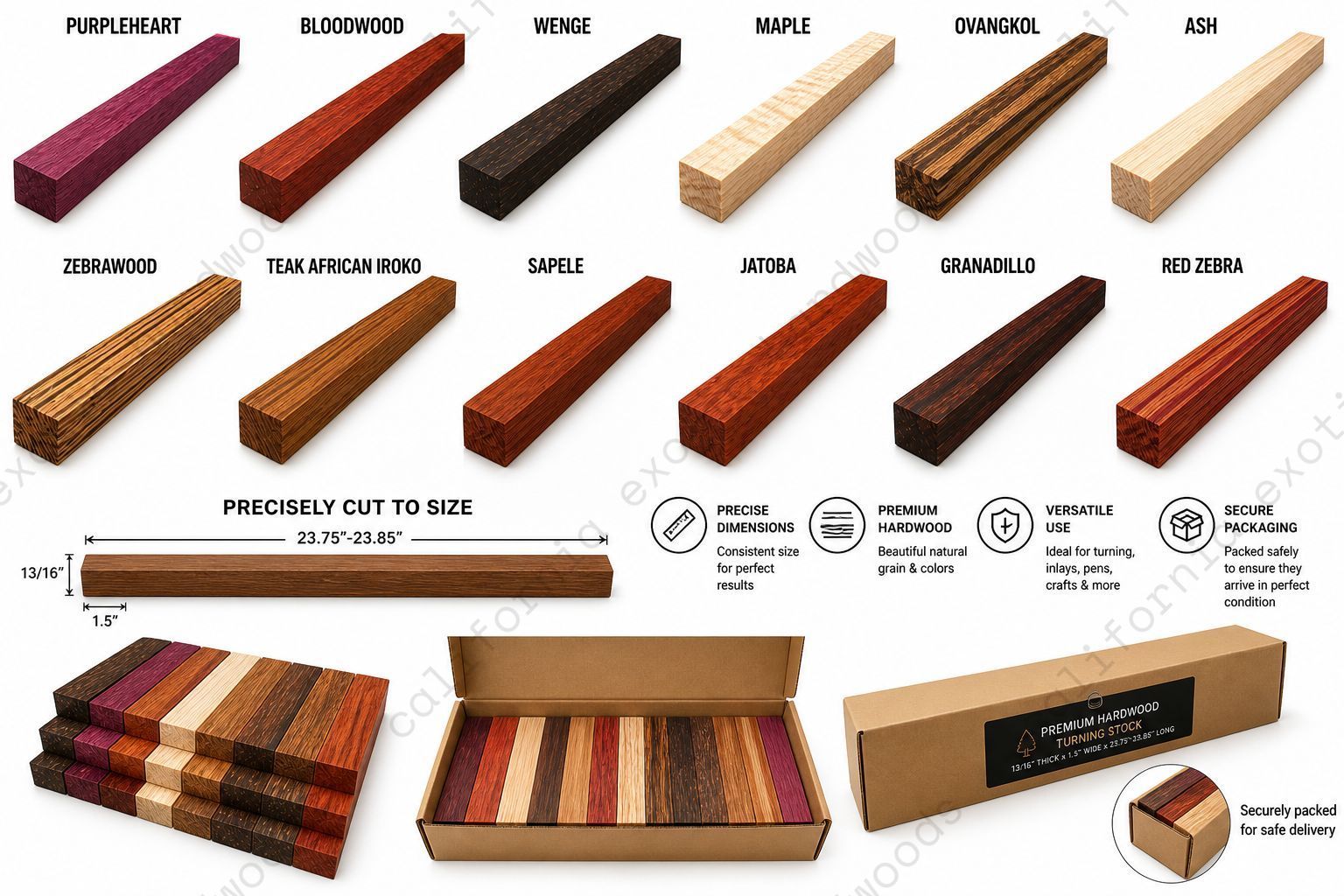 Exotic Hardwood Lumber Strips – Cutting Board Wood Pre-Cuts (13/16" x 1.5" x 23.85")
