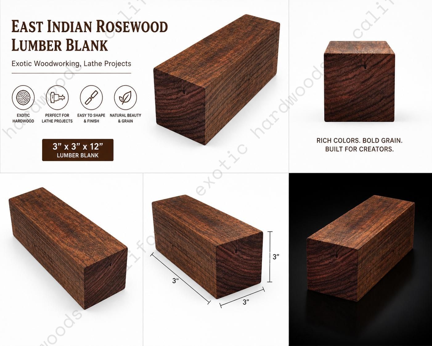 East Indian Rosewood Lumber Blank – Exotic Wood for Woodworking & Lathe Projects (3" x 3" x 12")