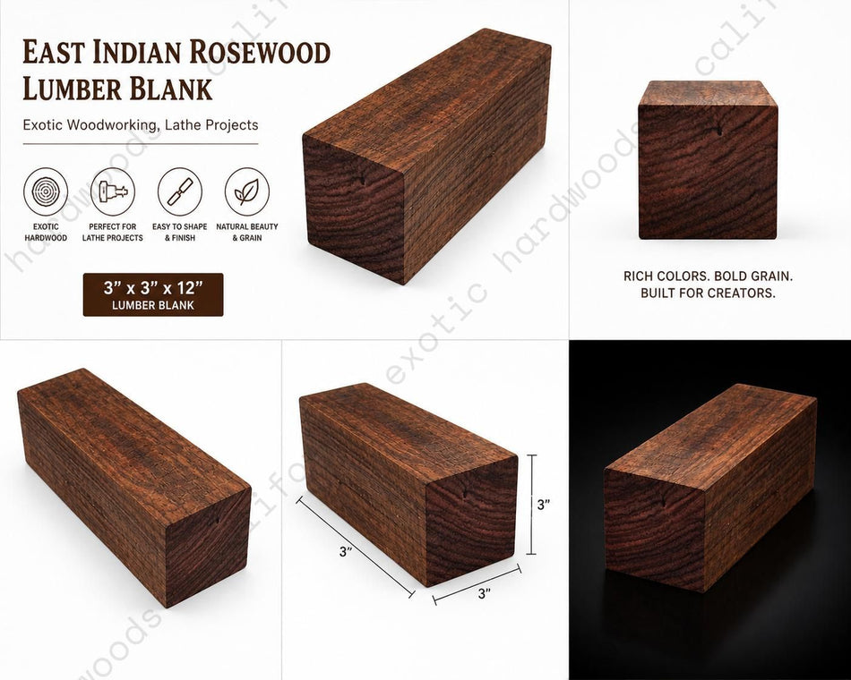 East Indian Rosewood Lumber Blank – Exotic Wood for Woodworking & Lathe Projects (3" x 3" x 12")