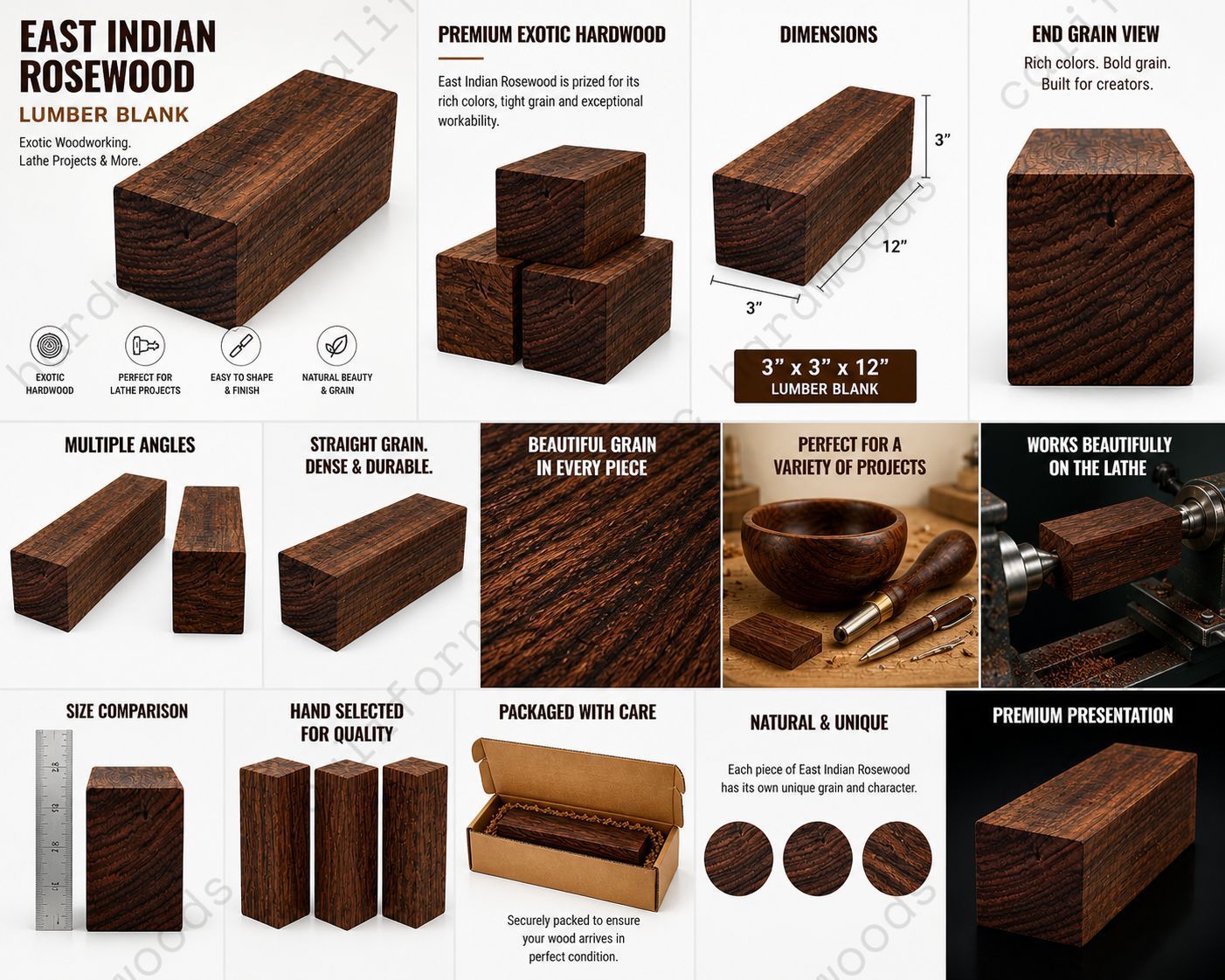 East Indian Rosewood Lumber Blank – Exotic Wood for Woodworking & Lathe Projects (3" x 3" x 12")