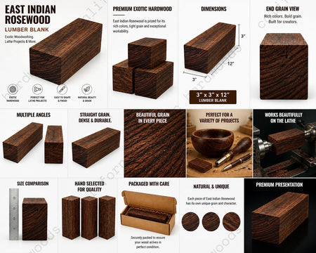 East Indian Rosewood Lumber Blank – Exotic Wood for Woodworking & Lathe Projects (3" x 3" x 12")