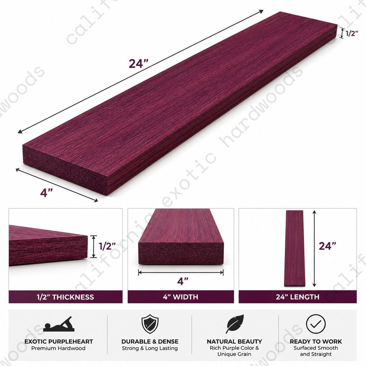 Purpleheart Hardwood Lumber – Solid Exotic Wood Board (1/2" x 4" x 24")