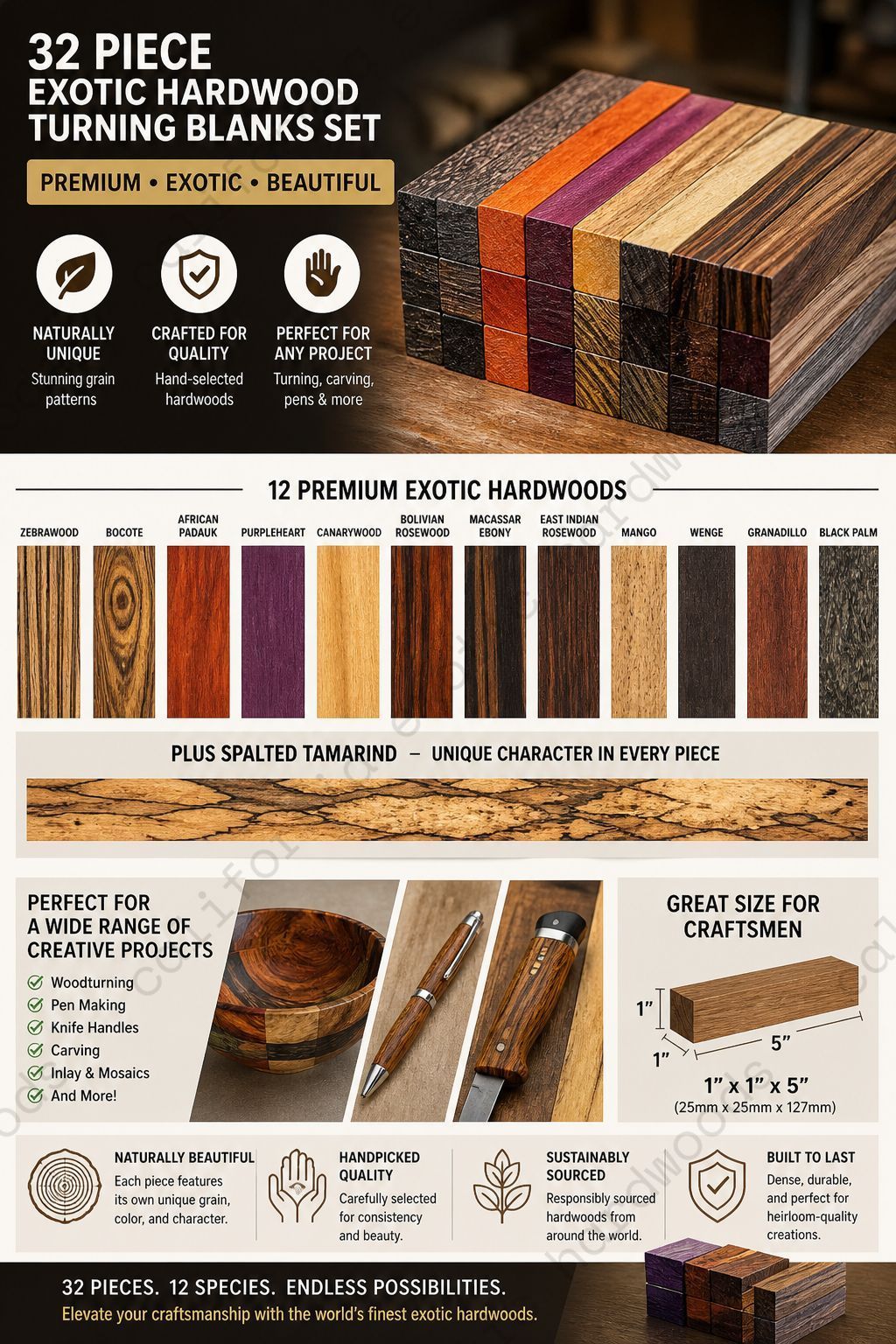 32 Pieces Exotic Wood Pen Blanks – 6" x 3/4" x 3/4" Assorted Hardwood Set