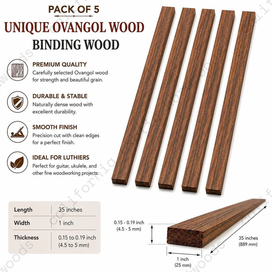 Pack of 5 Ovangkol Binding Wood Strips – Exotic Wood for Guitar And Fine Woodworking