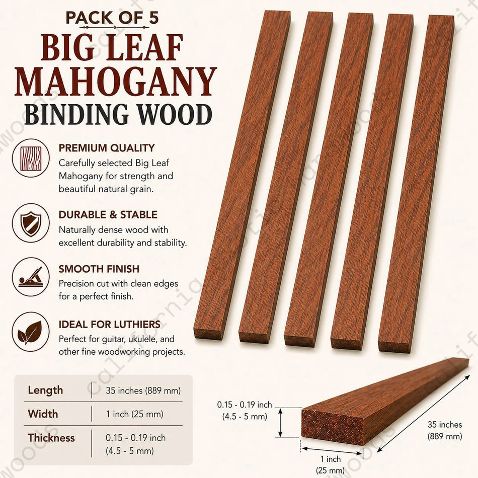 Pack of 5 Big Leaf Mahogany Binding Wood Strips – 35" Length for Guitar And Fine Woodworking