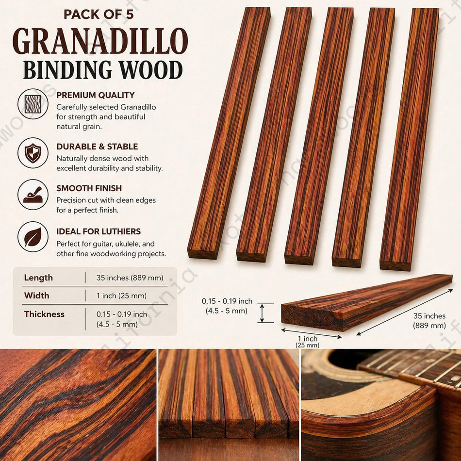 Pack of 5 Granadillo Binding Wood Strips – 35" Length for Guitar & Fine Woodworking