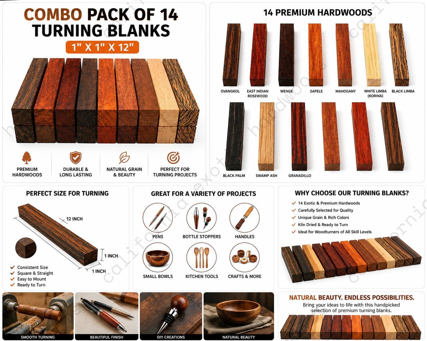 Combo Pack of 14 Exotic Woods Turning Blanks