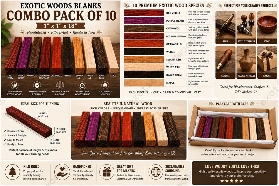Exotic Wood Blanks Combo Pack of 10 – Turning & Craft Hardwood Set