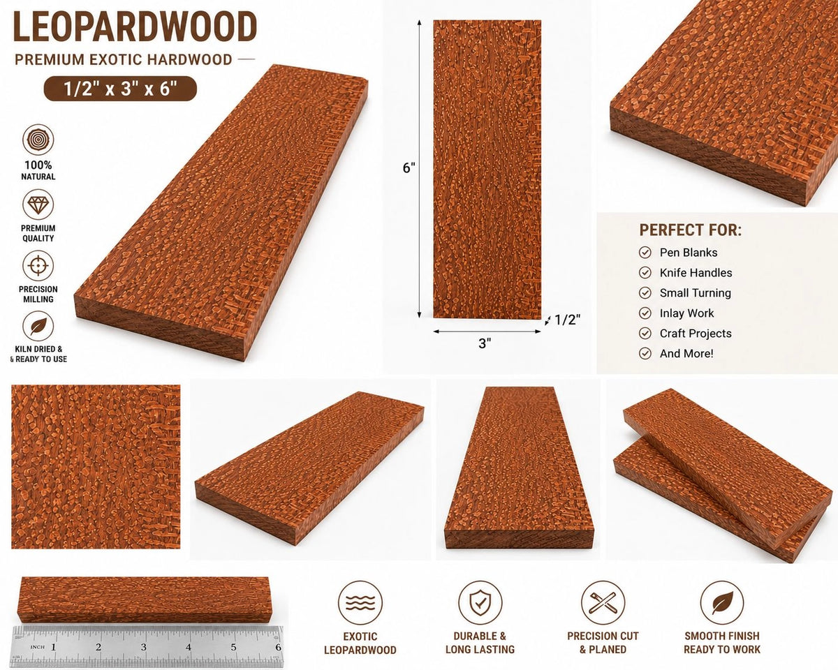 Leopardwood Exotic Wood Samples – 1/2" x 3" x 6" | Premium Exotic Hardwood Sample Boards for Woodworking & Crafts