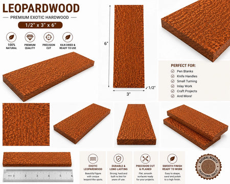 Leopardwood Exotic Wood Samples – 1/2" x 3" x 6" | Premium Exotic Hardwood Sample Boards for Woodworking & Crafts