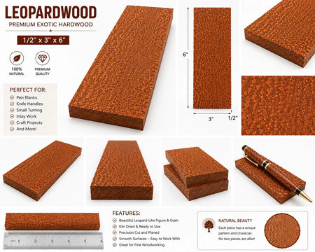 Leopardwood Exotic Wood Samples – 1/2" x 3" x 6" | Premium Exotic Hardwood Sample Boards for Woodworking & Crafts