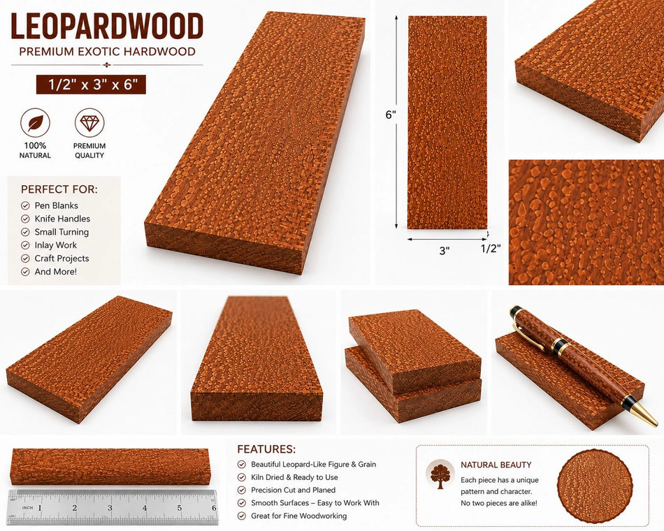 Leopardwood Exotic Wood Samples – 1/2" x 3" x 6" | Premium Exotic Hardwood Sample Boards for Woodworking & Crafts