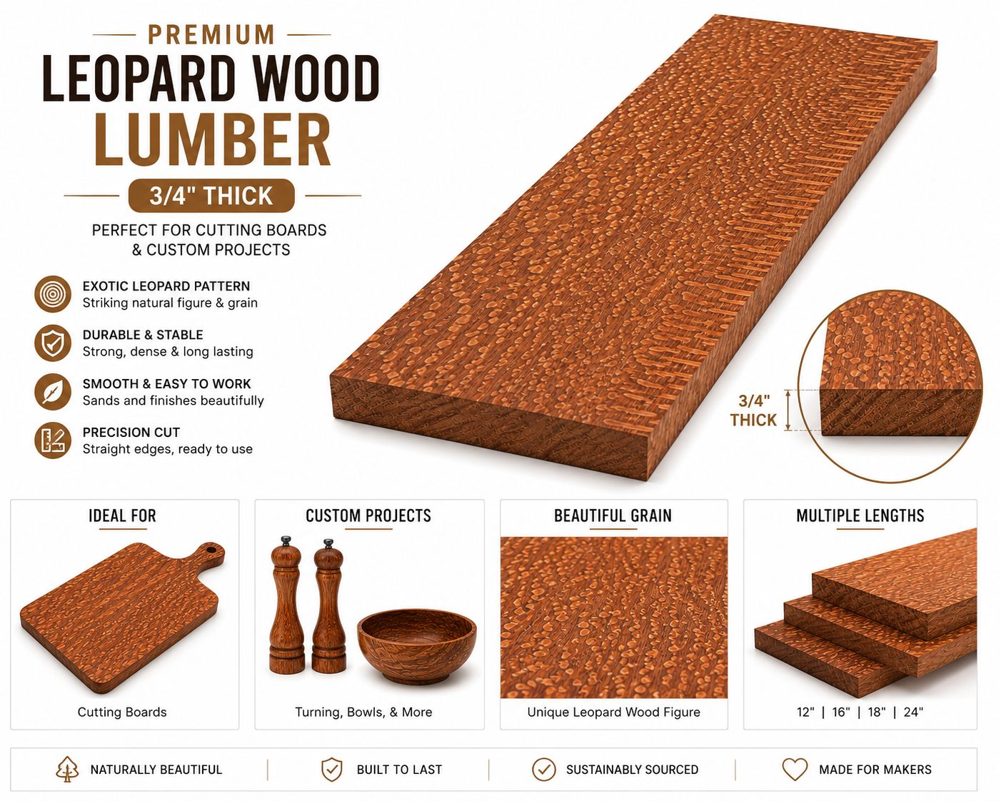 3/4" Leopardwood Cutting Board Blank – Exotic Hardwood Board