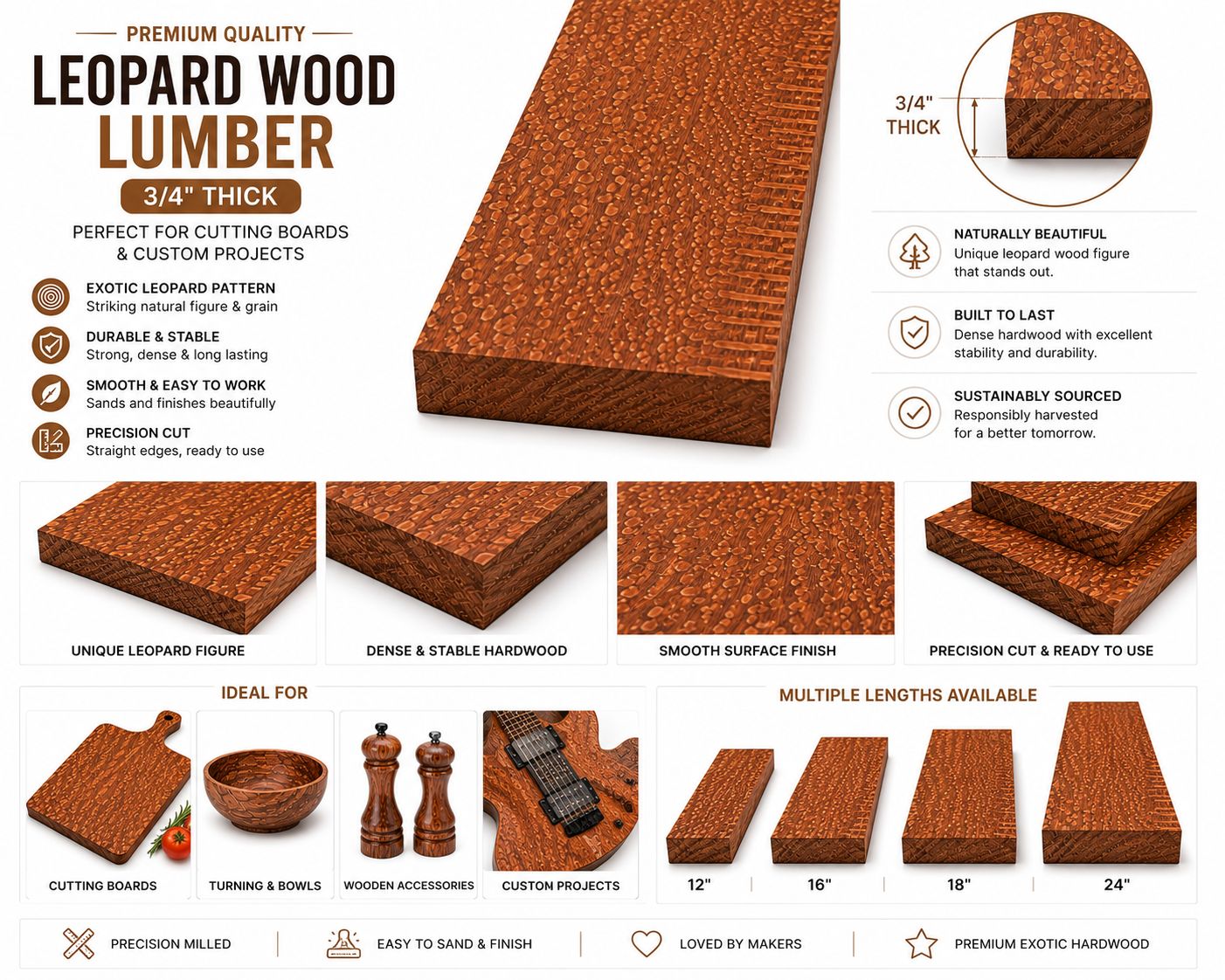 3/4" Leopardwood Cutting Board Blank – Exotic Hardwood Board