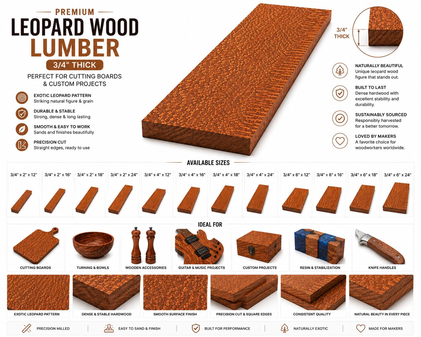 3/4" Leopardwood Cutting Board Blank – Exotic Hardwood Board
