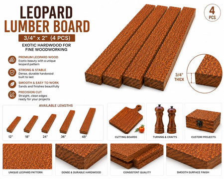 Leopardwood Lumber Board – 3/4" x 2" (4 Piece Set)