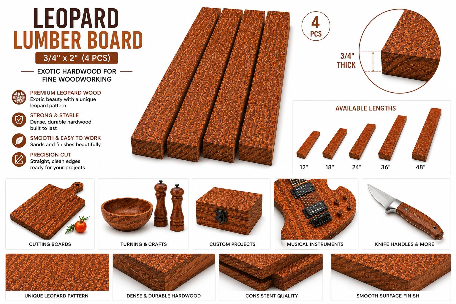 Leopardwood Lumber Board – 3/4" x 2" (4 Piece Set)