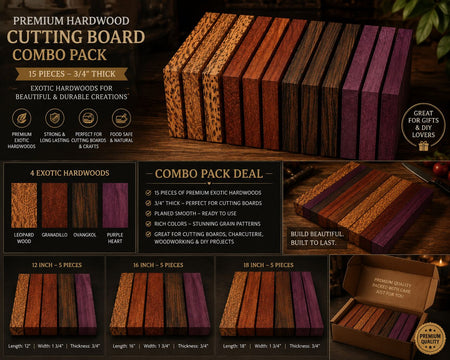 Combo Pack of 15 Exotic Hardwood Lumber Boards – 3/4" Thick Cutting Board Blanks – Leopardwood, Granadillo, Ovangkol & Purple Heart