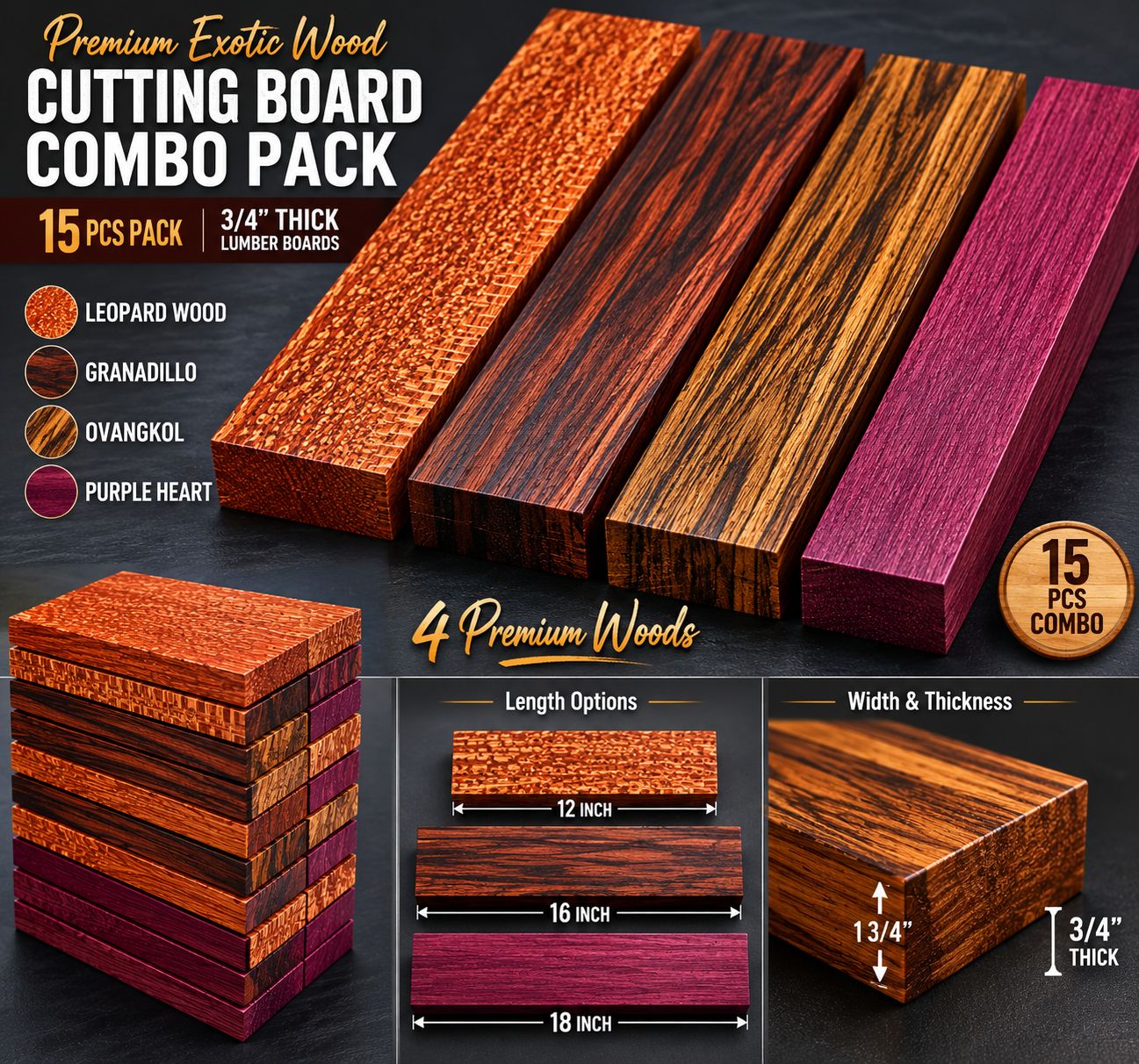 Combo Pack of 15 Exotic Hardwood Lumber Boards – 3/4" Thick Cutting Board Blanks – Leopardwood, Granadillo, Ovangkol & Purple Heart