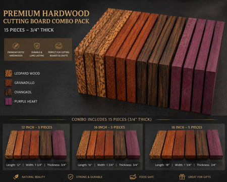 Combo Pack of 15 Exotic Hardwood Lumber Boards – 3/4" Thick Cutting Board Blanks – Leopardwood, Granadillo, Ovangkol & Purple Heart
