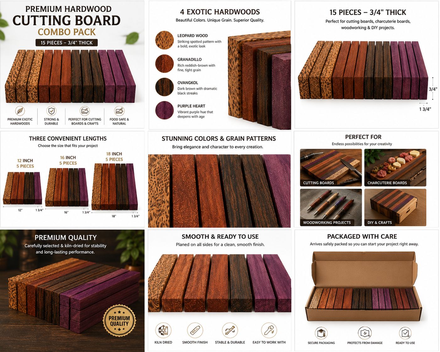 Combo Pack of 15 Exotic Hardwood Lumber Boards – 3/4" Thick Cutting Board Blanks – Leopardwood, Granadillo, Ovangkol & Purple Heart