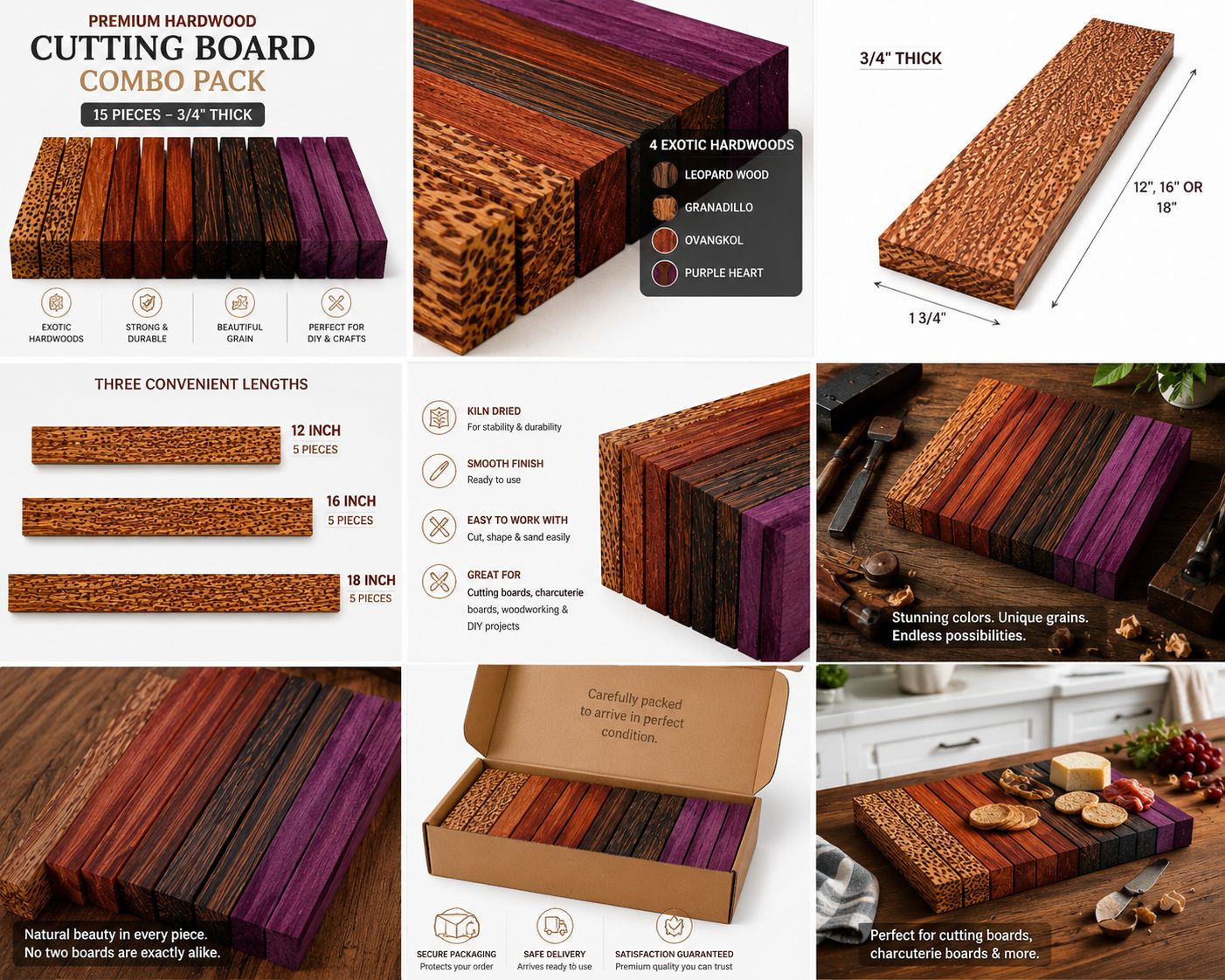 Combo Pack of 15 Exotic Hardwood Lumber Boards – 3/4" Thick Cutting Board Blanks – Leopardwood, Granadillo, Ovangkol & Purple Heart