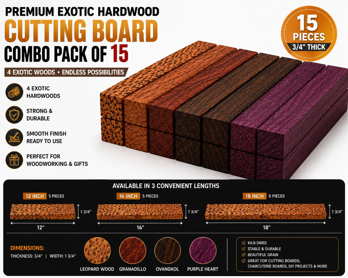 Combo Pack of 15 Exotic Hardwood Lumber Boards – 3/4" Thick Cutting Board Blanks – Leopardwood, Granadillo, Ovangkol & Purple Heart