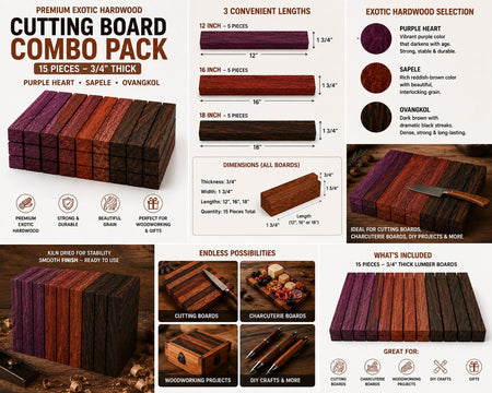 Combo Pack of 15 Exotic Hardwood Lumber Boards – Purple Heart, Sapele & Ovangkol – 3/4" Thick Cutting Board Blanks
