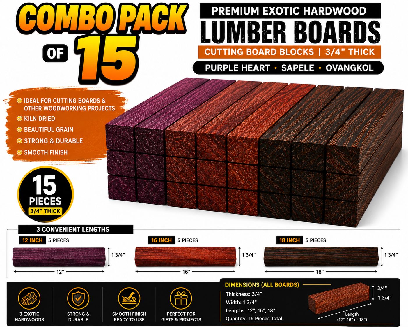 Combo Pack of 15 Exotic Hardwood Lumber Boards – Purple Heart, Sapele & Ovangkol – 3/4" Thick Cutting Board Blanks