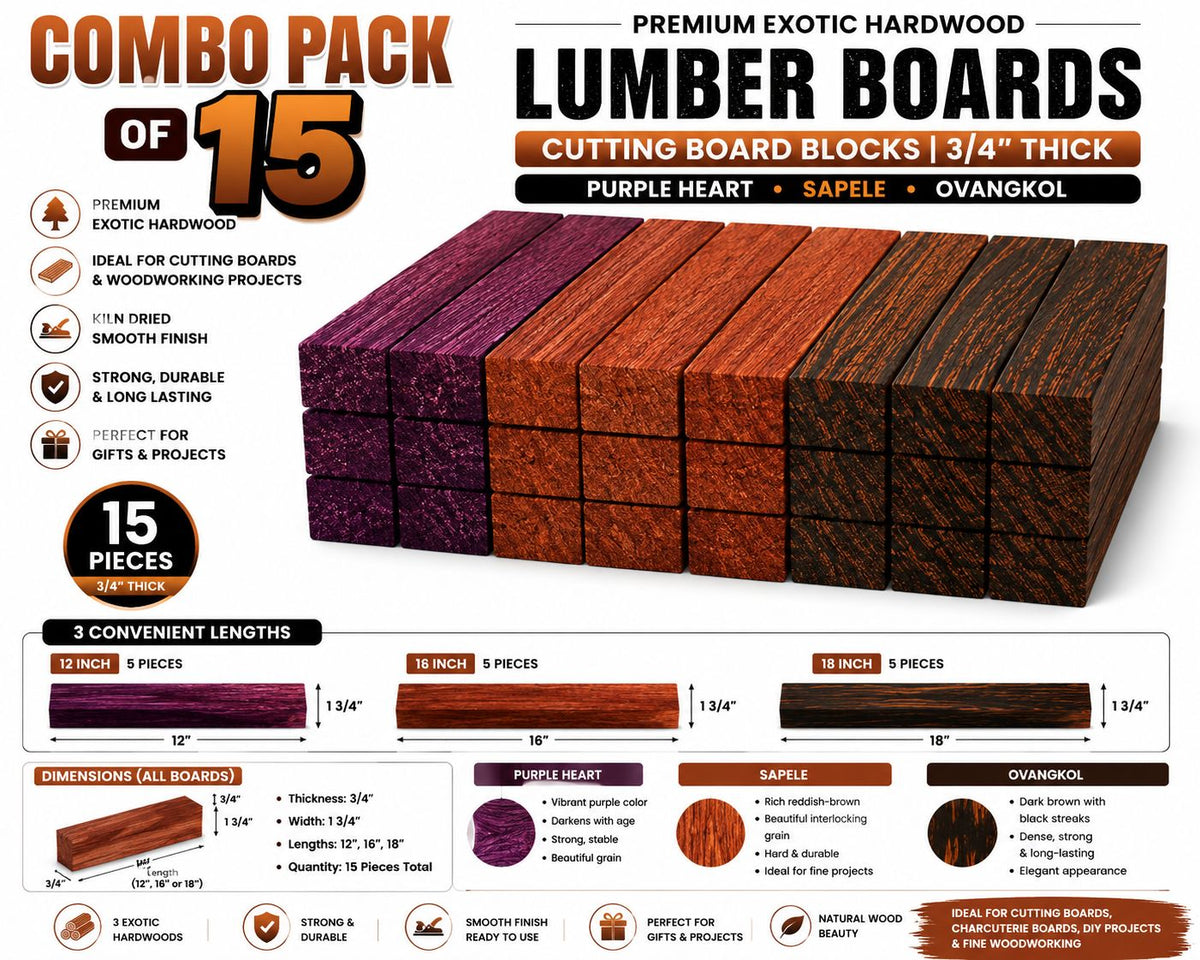 Combo Pack of 15 Exotic Hardwood Lumber Boards – Purple Heart, Sapele & Ovangkol – 3/4" Thick Cutting Board Blanks